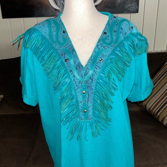 Rare XPeriance Ine Suze Turquoise Western Shirt W/Fringe & Studs - Picture 8 of 16